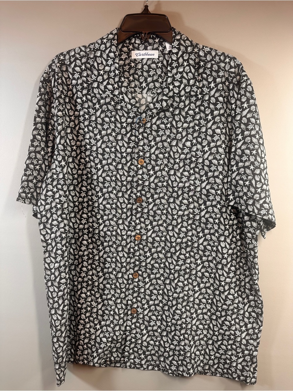 Caribbean Black & White Shells Print Short-Sleeve Button-Down Shirt L NWT $69